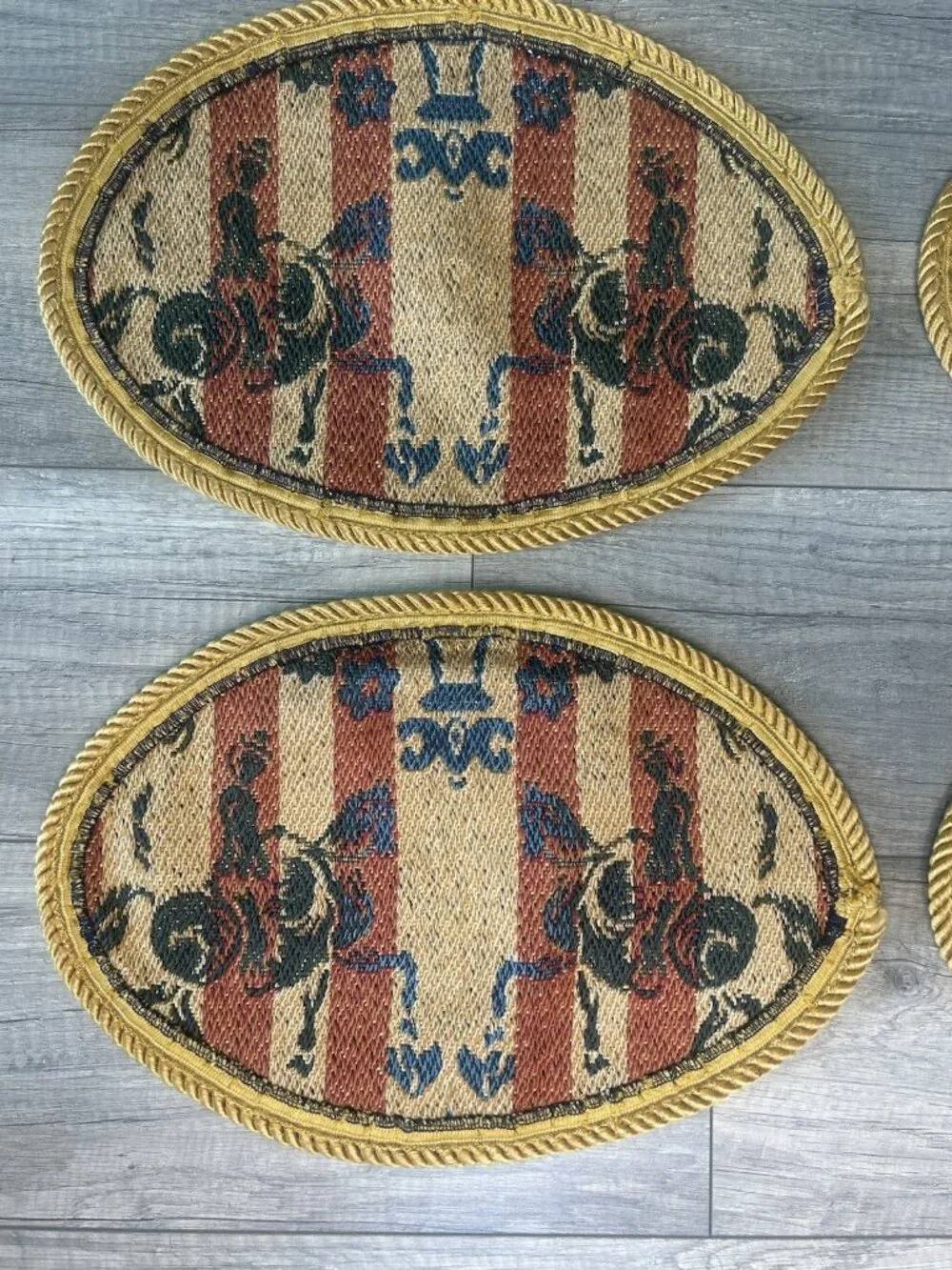 Set 6 Equestrian Horse Tapestry Oval Placemats Gold Cord English Country Vintage